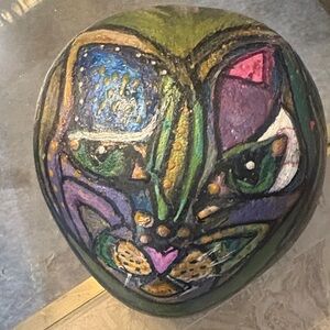 Colorful Cat Face Painted Stone